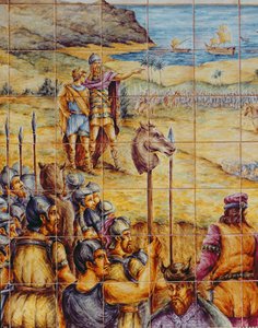 第一次大戦中のアクラリュースでのハミルカーと息子のハンニバルの皮剥きを描いたタイル